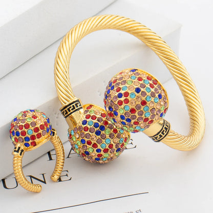 18K YM Gold Plated Cuff Bangle Ring Set for Women – Colored Zircon Jewelry Dubai Wedding Anniversary Gift jewellery woman acces