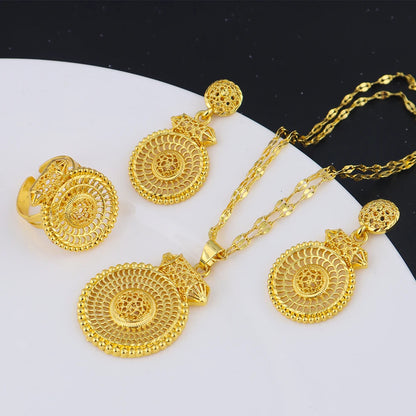 24k plated jewelry gifts ethiopian hollowing out Necklace and earrings rings set for women high quality plated jewelry sets gift