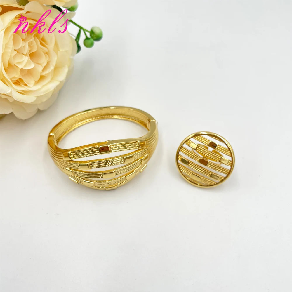 African Gold Color Jewelry Set for Women Arab Dinner Party Cuff Bangle and Ring Dubai Weddings Bride Jewelry Accessories Gifts