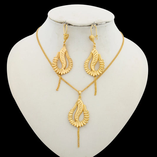 18k Gold Color Jewelry Set for Weddings African Dangle Earrings and Necklace 2Pcs Set for Engagement Party Jewelry Accessories