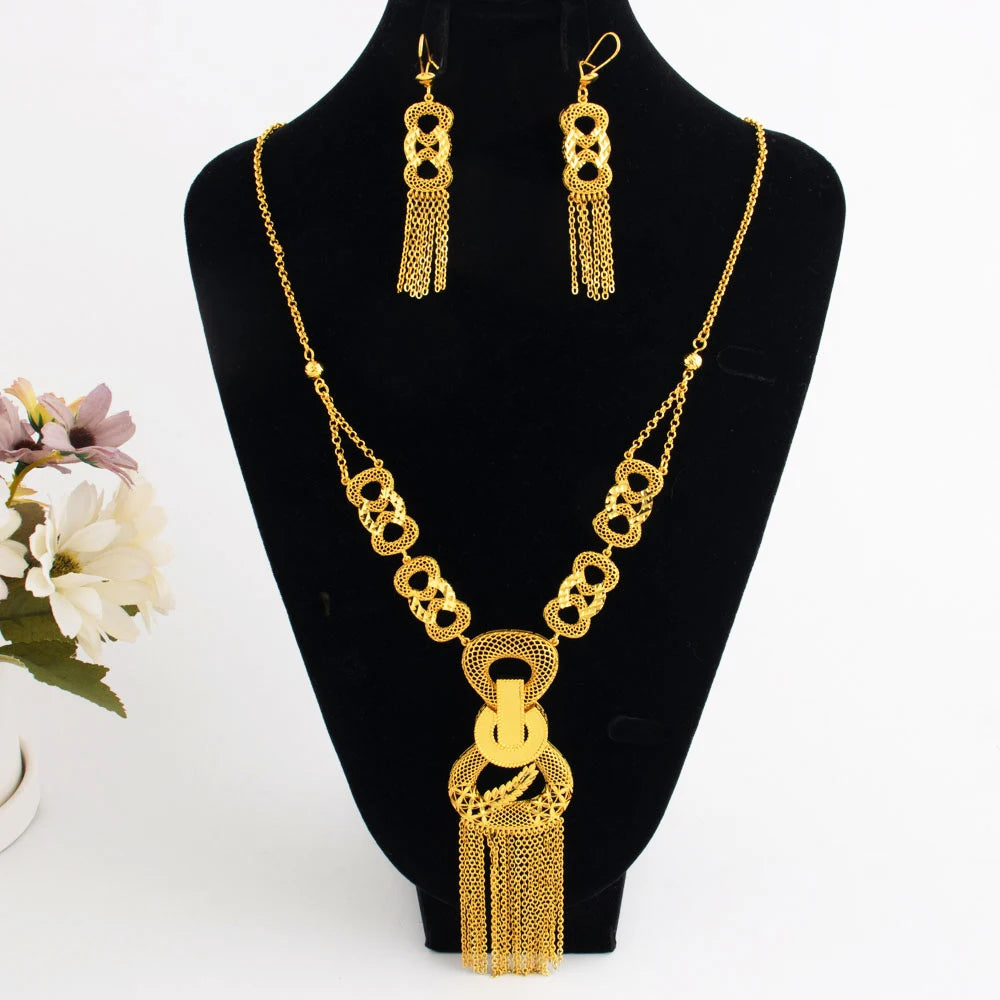 Luxury Gold Plated Long Chain Necklace Earrings Set for Women India Noble Nigeria Bride Jewelry Gift for Wedding Party