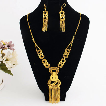Luxury Gold Plated Long Chain Necklace Earrings Set for Women India Noble Nigeria Bride Jewelry Gift for Wedding Party