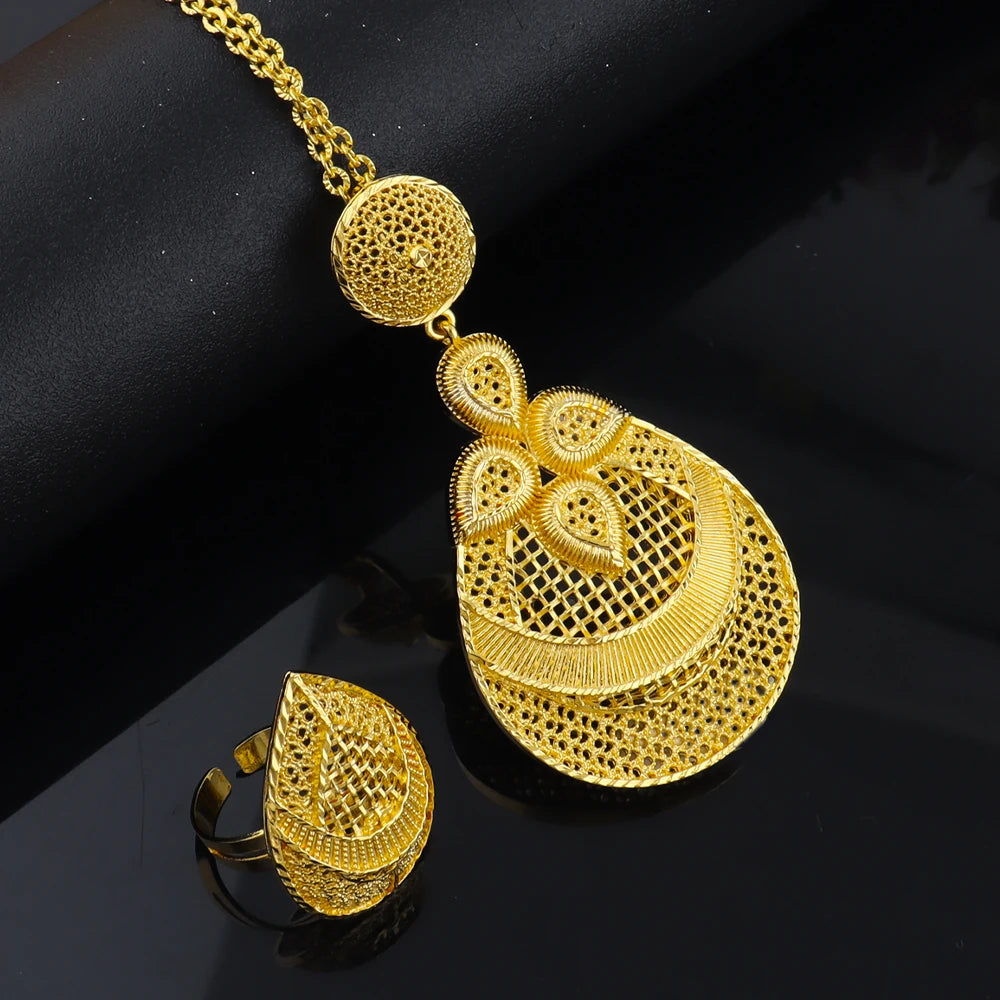 Dubai 24K Gold Color Geometry Necklace Earrings Ring Set  Elegant  Jewelry  For Women Two Piece Jewelry Wholesale free shipping