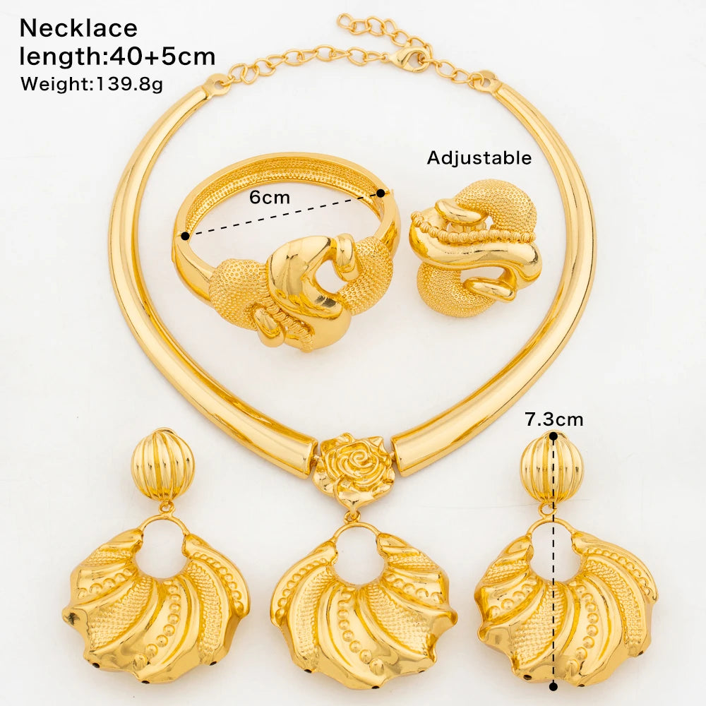 Dubai Gold Color Jewelry Set for Women Large Size Flower Pendant Necklace and Earrings Hollow Out Bangle Ring Set Bride African