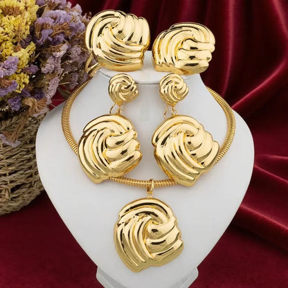 Dubai Gold Color Jewelry Set for Bridal 18k Gold Plated Big Necklace and Stud Earrings African Elegant Party Bangle Ring Jewelry
