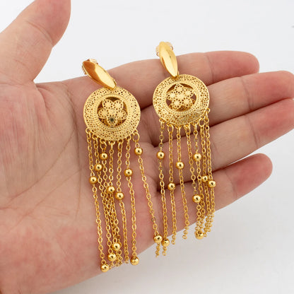 18K Gold Plated Long Bead Chain Jewelry Set for Women Bride Dubai African Tassel Earrings Necklace Ring Flower Design Jewelry