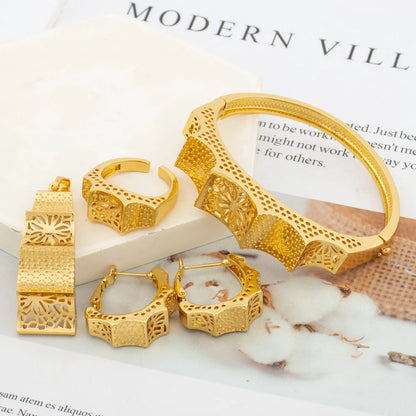 Fashion Women Jewelry Set for Party Pendant Necklace and Hoop Earrings Gold Color Copper Bridal Necklace Jewelry Accessories