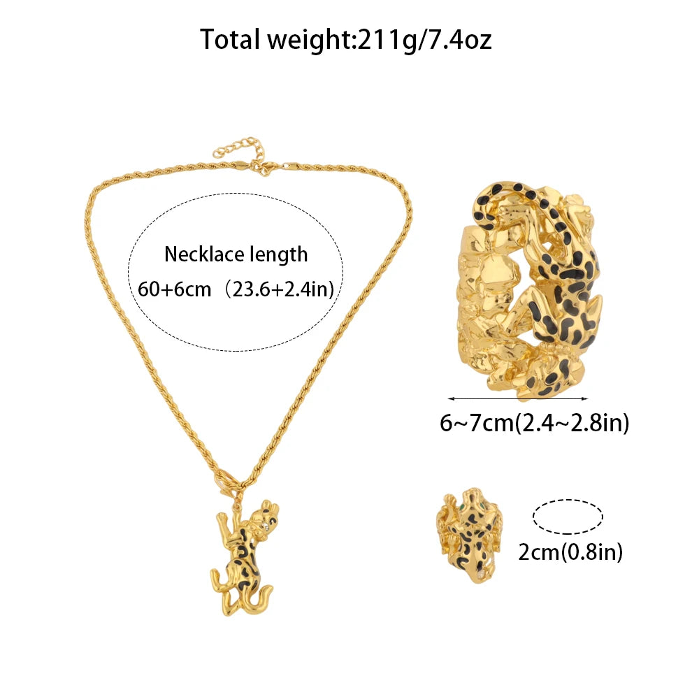 Luxury Gold Plated Domineering Exaggerated Leopard Shape Necklace Bracelet Ring Set for Women Dubai Jewelry Gift for Party