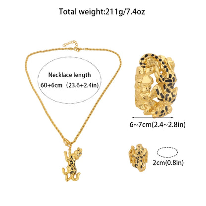 Luxury Gold Plated Domineering Exaggerated Leopard Shape Necklace Bracelet Ring Set for Women Dubai Jewelry Gift for Party