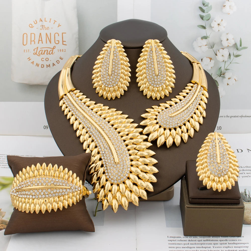 Italian Plated Jewelry Set for Women - Large Color Lady Necklace Earrings Bracelet Ring - High Quality Wedding Jewelry