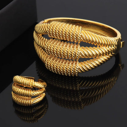 Luxury Copper Bracelet Ring Sets for Women Arab Spiral Design Gold Plated Jewelry Set For Easter Gifts Wedding Ethiopian Party