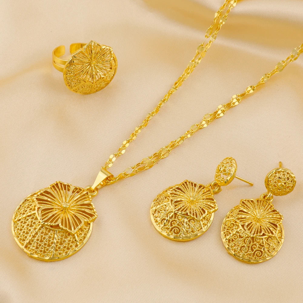 Fashion Gold Color Jewelry for Women Necklace Earrings Rings Set For Women Daily Wear Party Anniversary Gifts