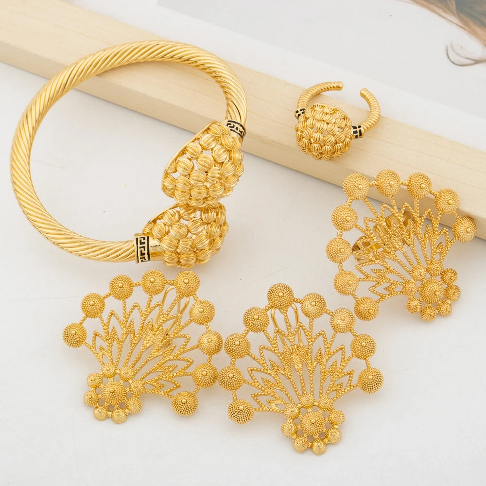 Cuff Bangle with Ring Jewelry Set for African 18k Gold Plated Beads Design Bangle and Finger Ring Set for Dubai Engagement Gifts