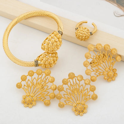 Cuff Bangle with Ring Jewelry Set for African 18k Gold Plated Beads Design Bangle and Finger Ring Set for Dubai Engagement Gifts