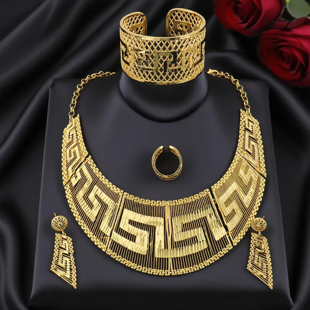 hot selling necklaces earrings bracelets ring jewelry sets four-piece Dubai African Gold Color Flower bride wedding  Party Gifts