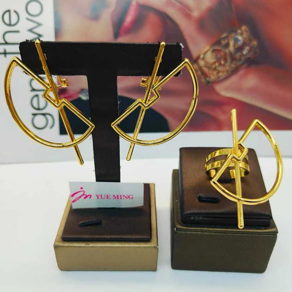 Luxury Earrings with Ring Set for Engagement 18k Gold Color Dangle Earrings Cocktail Ring Ethiopian Set for Nigerian Daily Wear