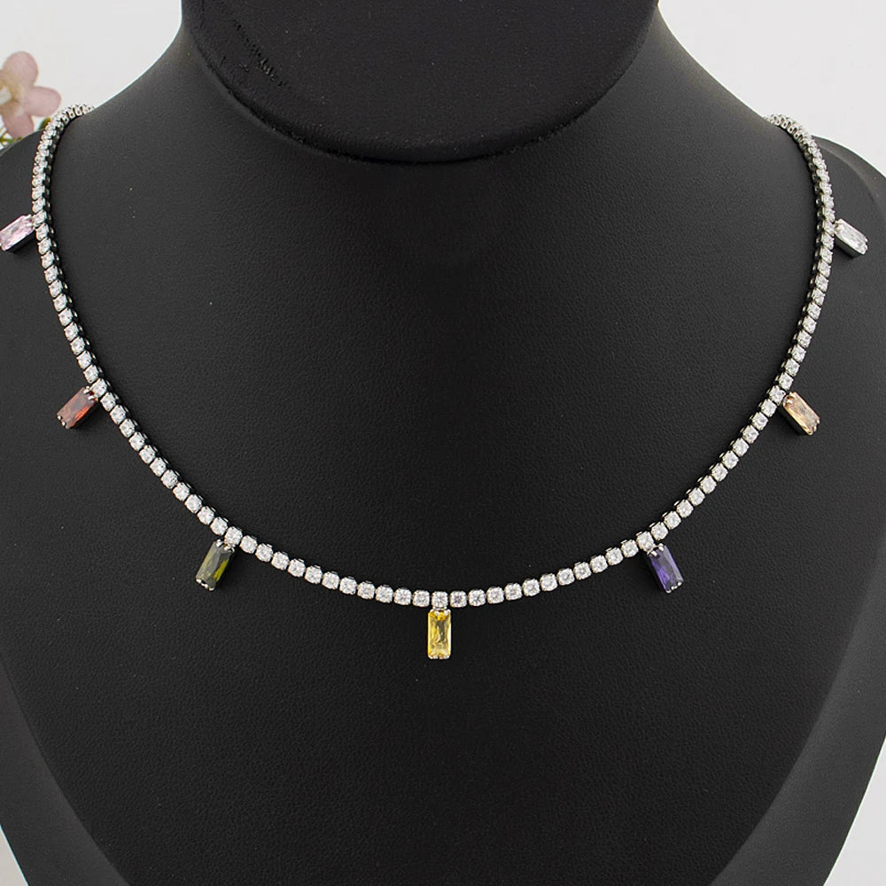 18K Gold France/Italy Stainless Steel CZ Necklace, Hypoallergenic Clavicle Chain Gift for Graduate Women, Colorful Jewelry Set