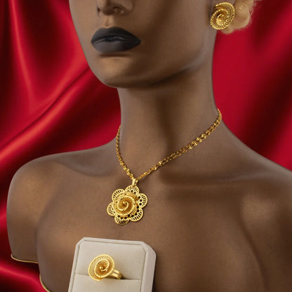 24K Yellow Gold Color  Flower Pendant Necklace Ring Earrings 3pcs Jewelry Set Middle Eastern Luxury Flower Copper Jewelry