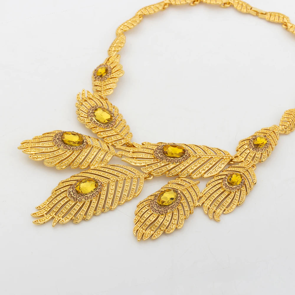 Italy Gold Color Jewelry Set Dubai Women Angel Feather Zircon Necklace Earrings Exaggerate Design Pendant Large Jewelry Bangle