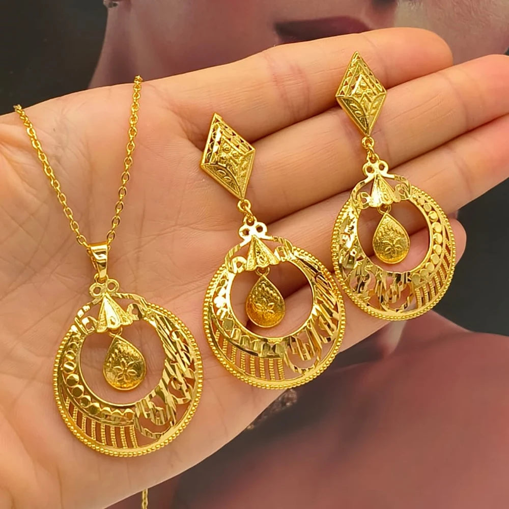 18K Gold African Hollow-Out Drop Earring Set & Necklace – 2Pcs Jewelry Set for Women, Elegant Engagement Party Gift
