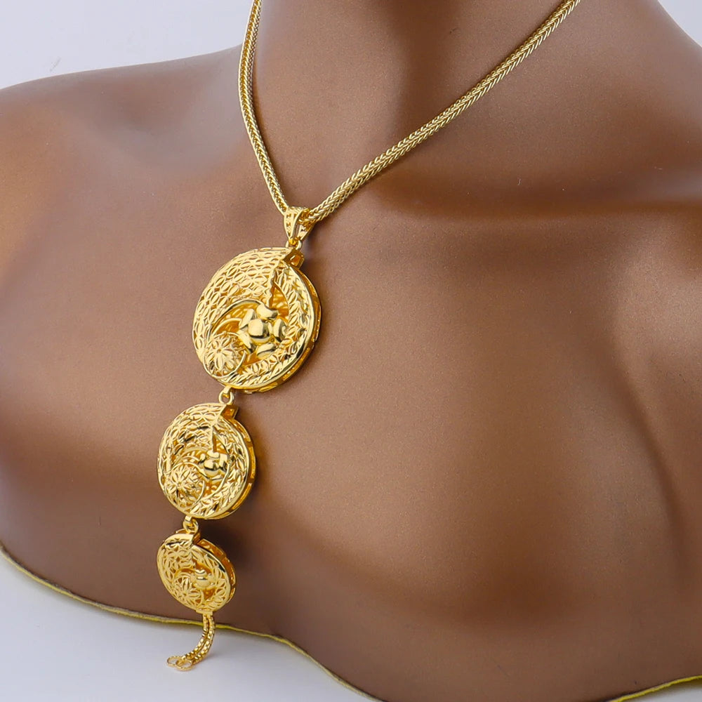18K Gold Plated Dubai Inspired Jewelry Set for Women with Complex Flower Design Chain Necklace Charms Earrings - Perfect for Par