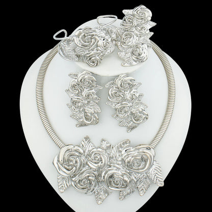 Dubai Gold Plated Jewelry Set Exaggerate Rose Pendant and Earrings Large Necklace Weddings Bridal Jewelry Set Gifts for Women