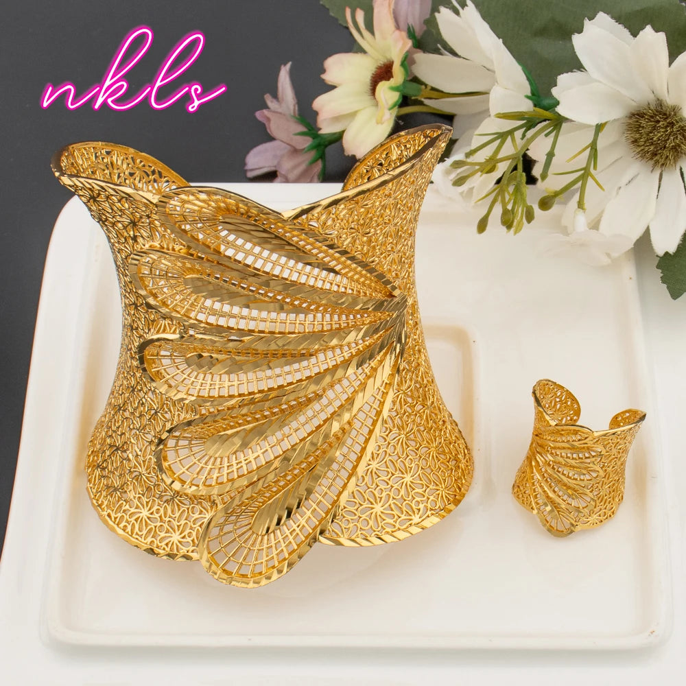 Luxury 18K Gold Big Cuff Bangle & Flower Ring Jewelry Set for Women, Dubai Bridal Wedding Earrings Set