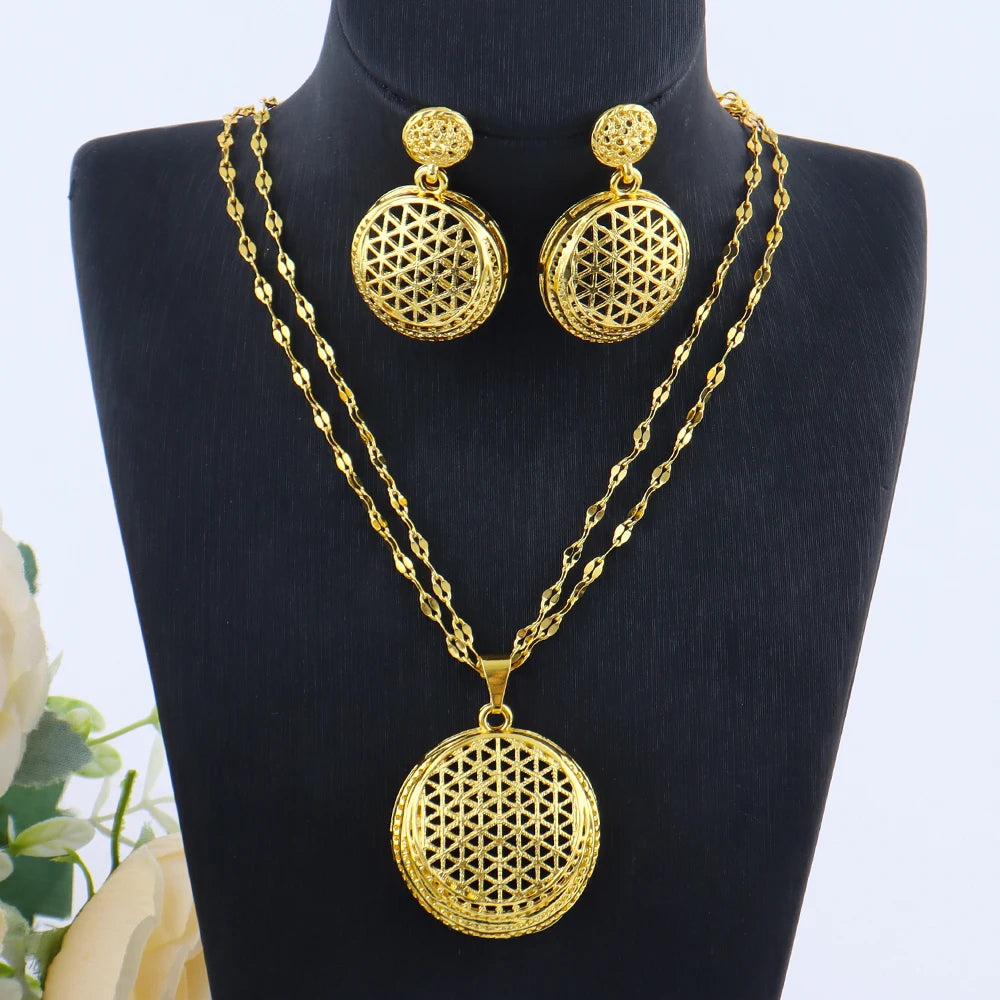 24k gold color dubai luxury jewelry set for Women Necklace Earrings Set Party Accessories Dubai India Africa Gift