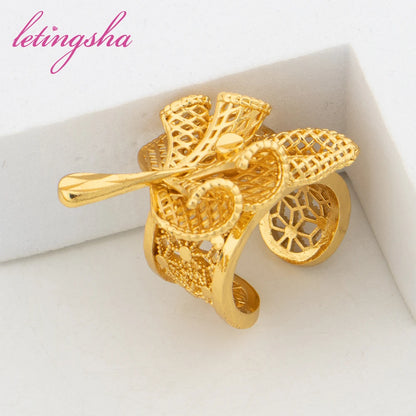 Dubai Fashion Flower Cuff Bangle with Ring Set Indian Bride Gold Color Jewelry Bracelet Ring Wedding Party Gift Luxury Jewellery