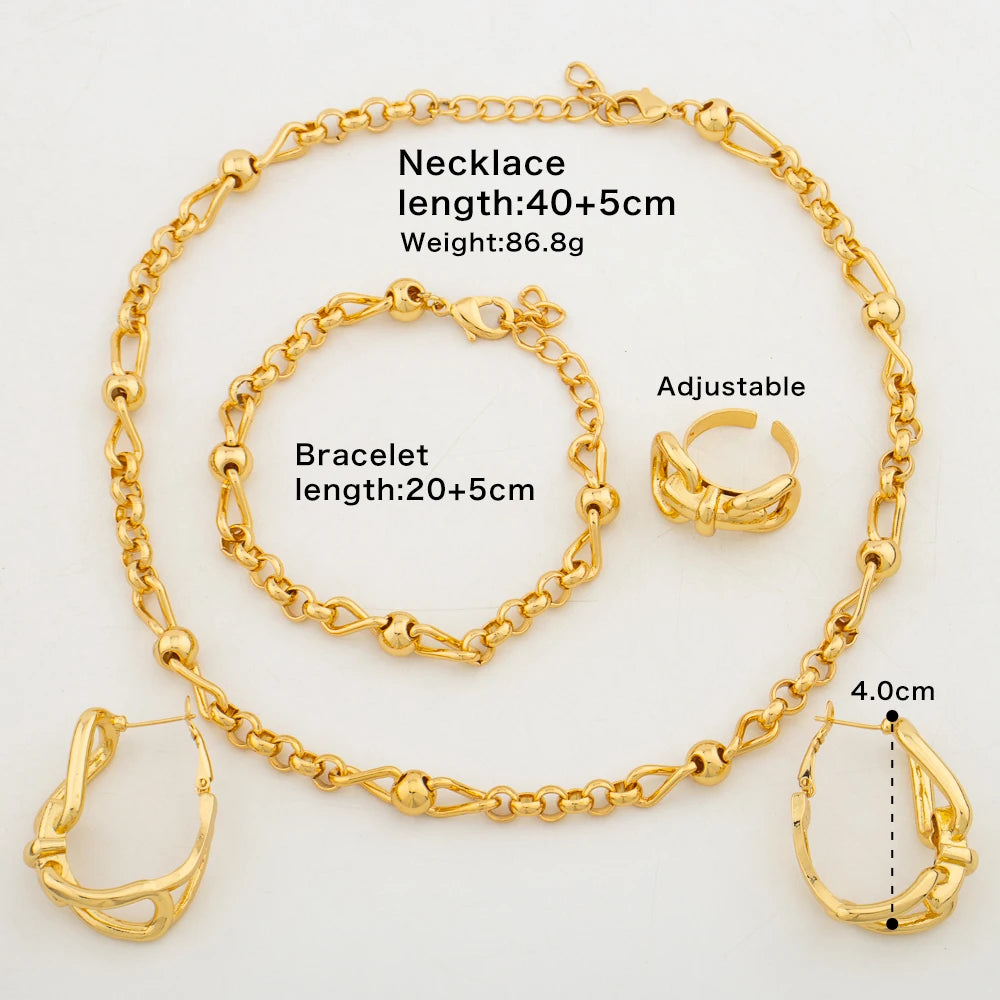 Luxury Gold Color Jewelry Set for Party Chain Necklace and Hoop Earrings African Copper Alloy Design Bracelet Ring Set Jewellery