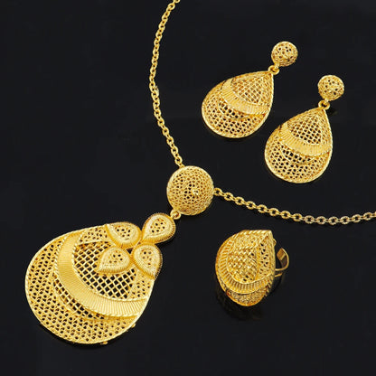 African-Inspired Drop Earrings & Necklace Set with Dubai-Style Ring, Arab Luxury Gold-Tone Jewelry for Women Gift
