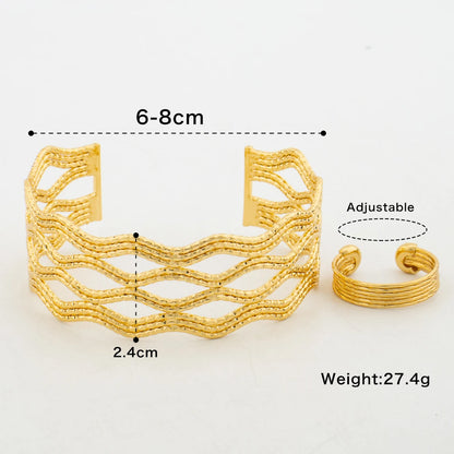 Cuff Bangle with Ring Jewelry Set for Nigerian Party 18k Gold Color Plated Opening Bangle and Cocktail Ring Set for Engagement