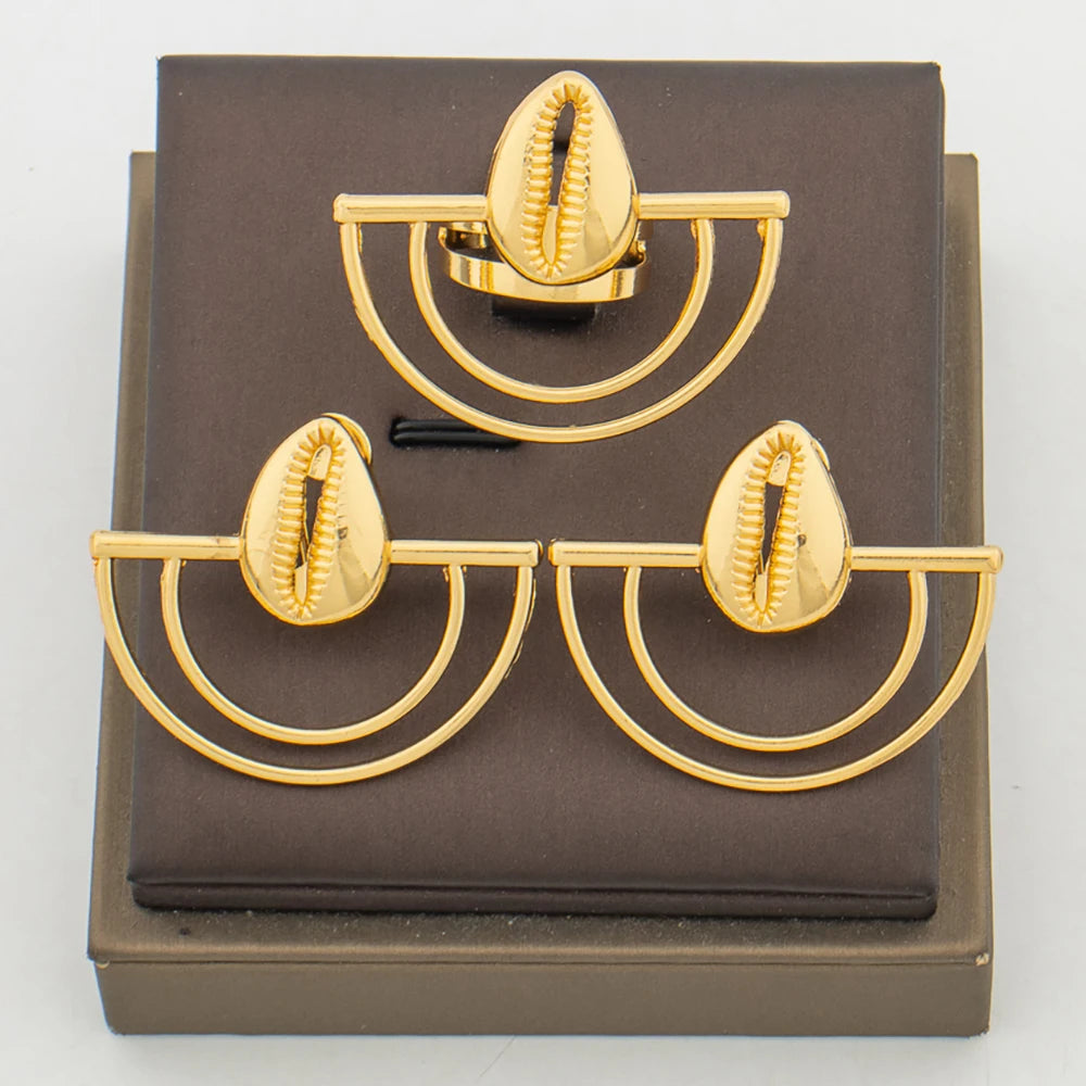 Trend Gold Color Earrings with Ring Set for Party Geometry Design Earrings Cocktail Ring 2Pcs Set for Engagement Party Jewelry