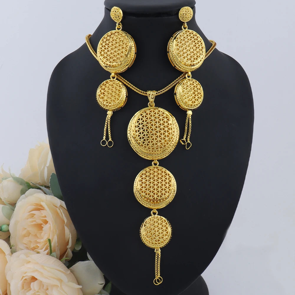 Dubai Stainless Steel Round Jewelry Set for Women Indian Bridal Costume Gold Plated Necklace Earrings Set For Wedding Party Gift