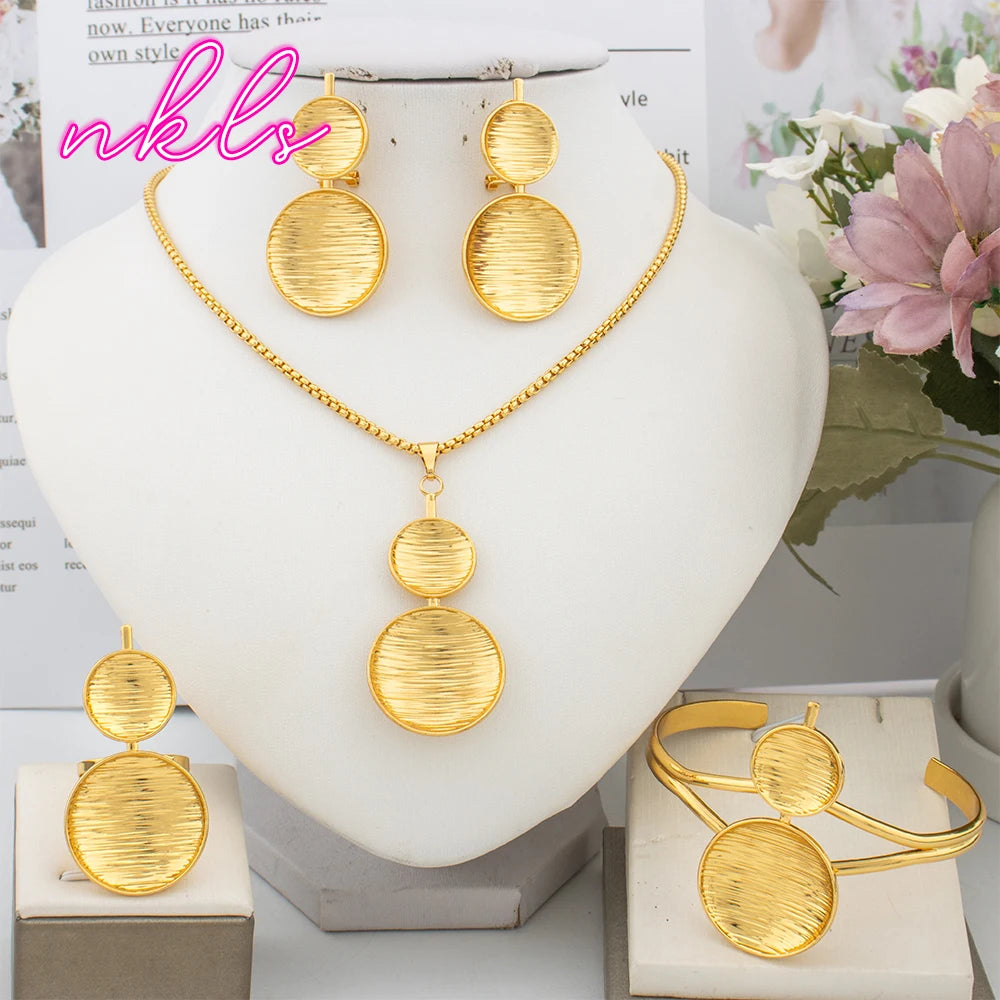 24K Luxury Gold Jewelry Set for Women – Dubai African Round Bangle Earrings Necklace Ring Wedding Party Gift 18K jewellery woma