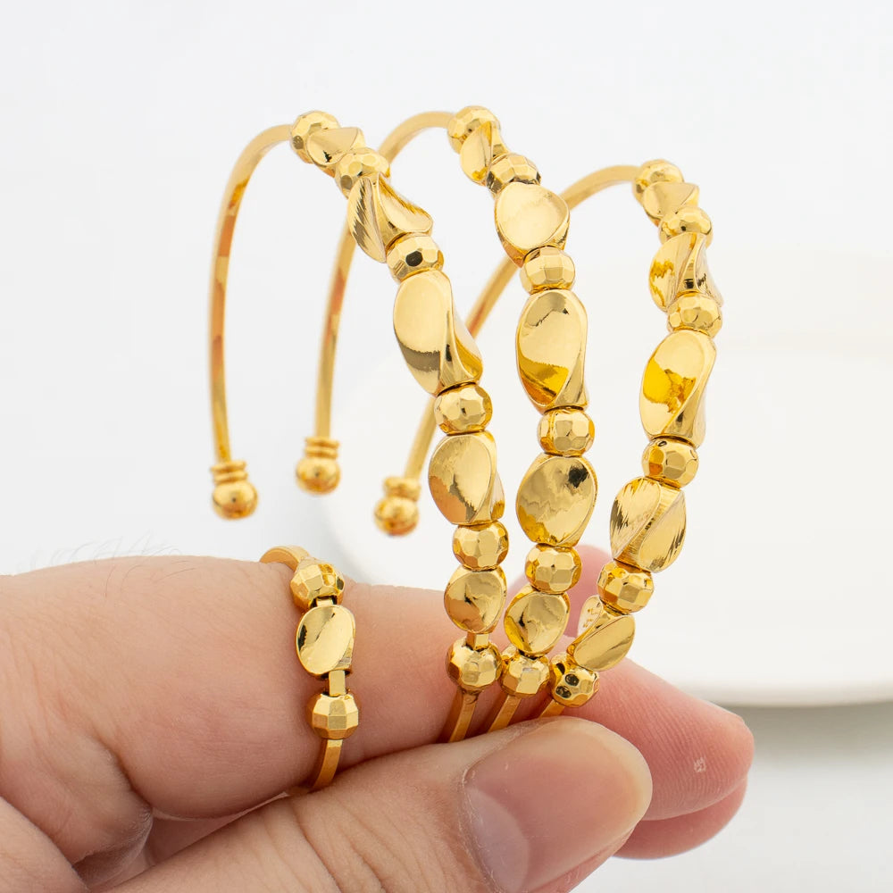 Fashion 3pcs Bangles with Ring Dubai Gold Color Lucky Bead Bracelets Luxury Hand Jewelry Sets for Wedding Party Anniversary Gift