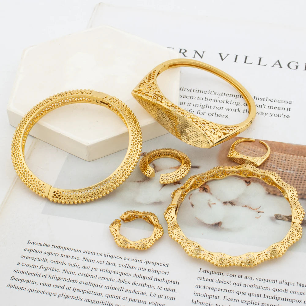 3sets/lot Bangle and Ring Jewelry Set for Women 18k Gold Color Hand Bracelet Finger Ring Set for Engagement Party Jewelry Gifts