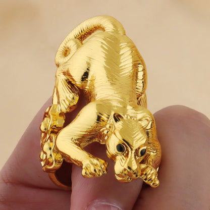 Exaggerate Leopard Bangle with Ring Jewelry Set for Women Dubai Gold Color Cuff Bangle Cocktail Ring 2Pcs Set for Weddings Gifts