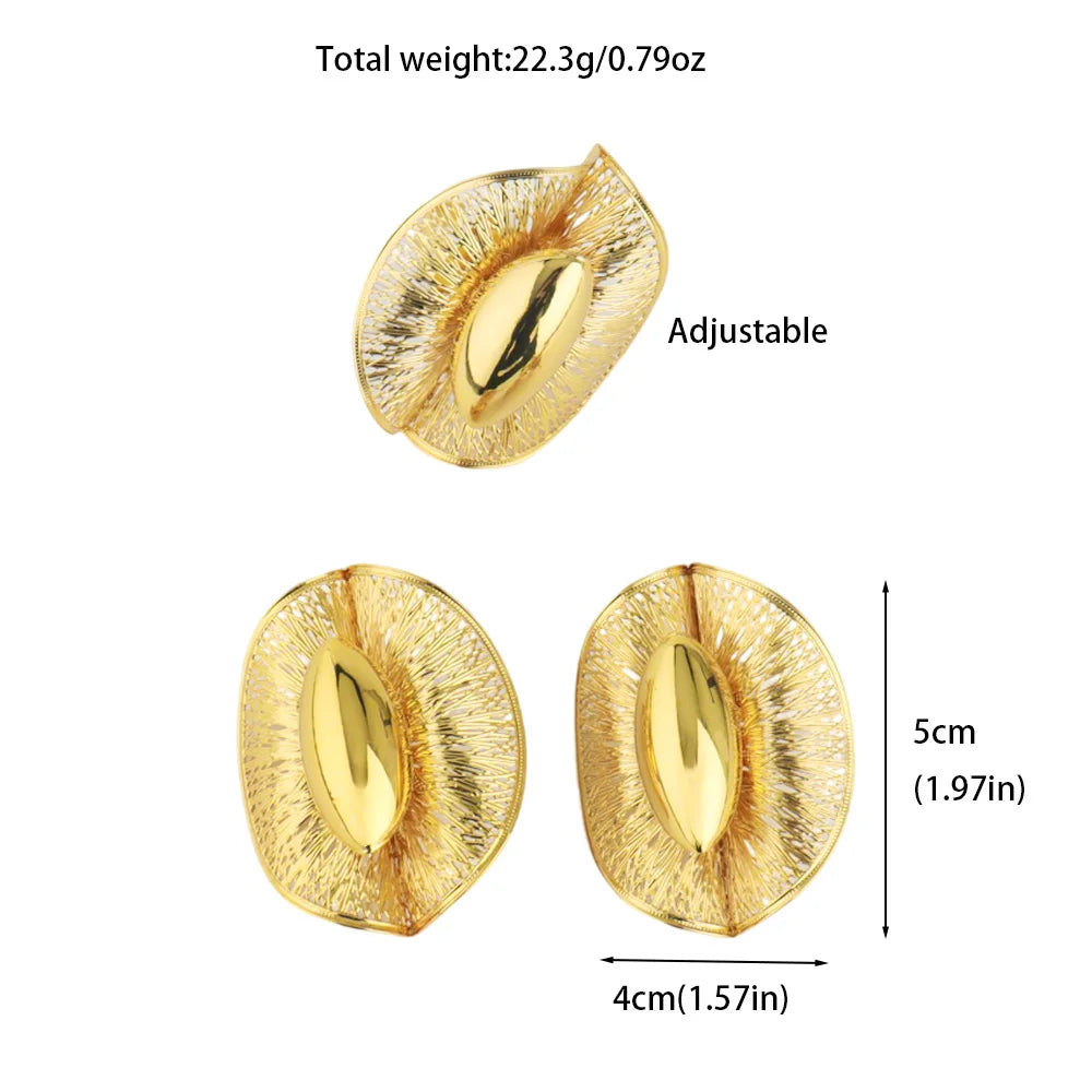 18K Gold Plated Nigeria Flower Open Ring & Earrings Set, Luxury Metal Jewelry for Women, Party Mother’s Day Gift, Fashion Jewel