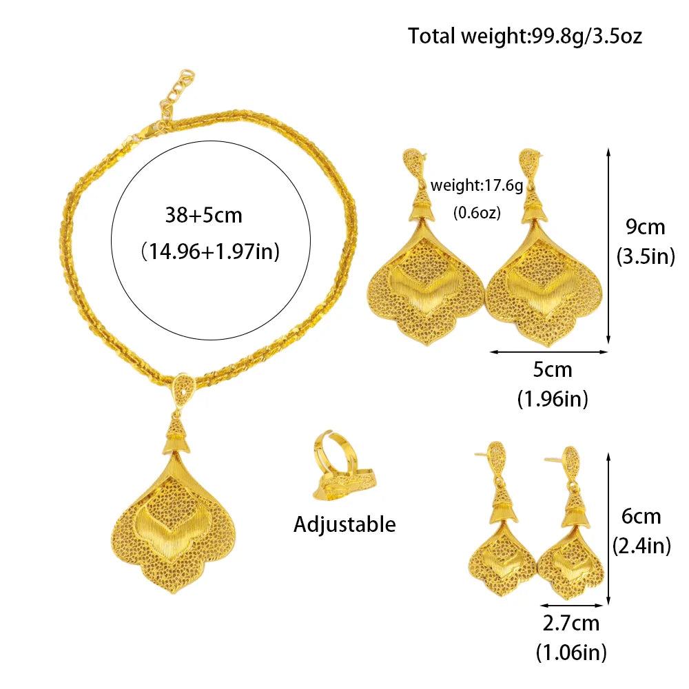 Fancy Gold Plated Necklace Earrings Set Women Indian Dubai Wedding Party Combo
