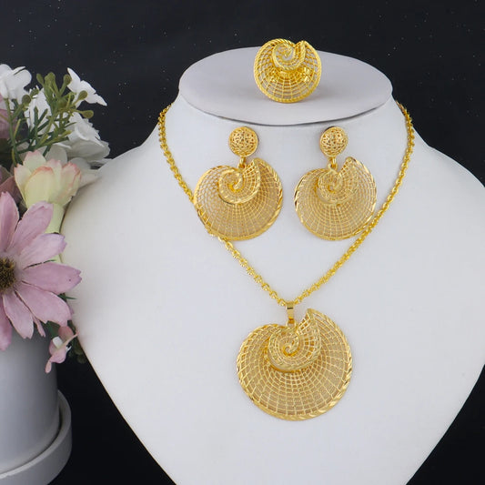 Round Gold Color Big Jewelry Set Hollow Out Design Necklace Earring Ring For Women Bridal Wedding Party Jewellery Gift