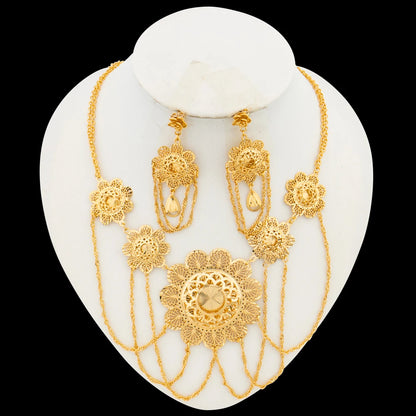 Ethiopian Earrings with Necklace Jewelry Set for Party 18k Gold Color Dangle Earrings Luxury Necklace Bride Set for Engagement