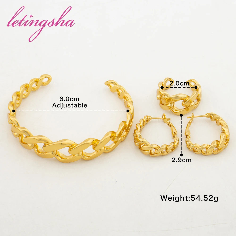 Gold Color Cuff Bangle Newest Hoop Earrings Ring Sets for Women Dubai Luxury Jewelry Set Fashion Statement Trendy Jewelry Gift