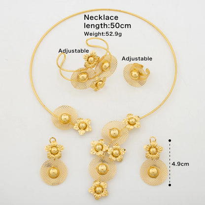 Trend Gold Color Necklace and Earrings Jewelry Set for Party Flower Design Necklace and Earrings Bracelet Ring Set for Weddings