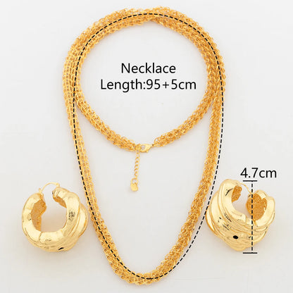 Dubai Gold Plated Jewelry Set Copper Bold Earrings for Women African Long Chain Necklace 45/60/80/100mm Wedding Bridal Jewelry