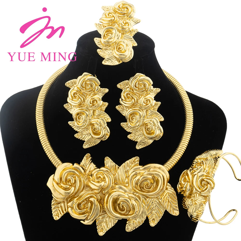 YM Gold Color Jewelry Set For Women Dubai African Wedding Bridal Necklace Copper Earrings Adjustable Ring Ethiopia Flower Bangle - YUEMING JEWELRY