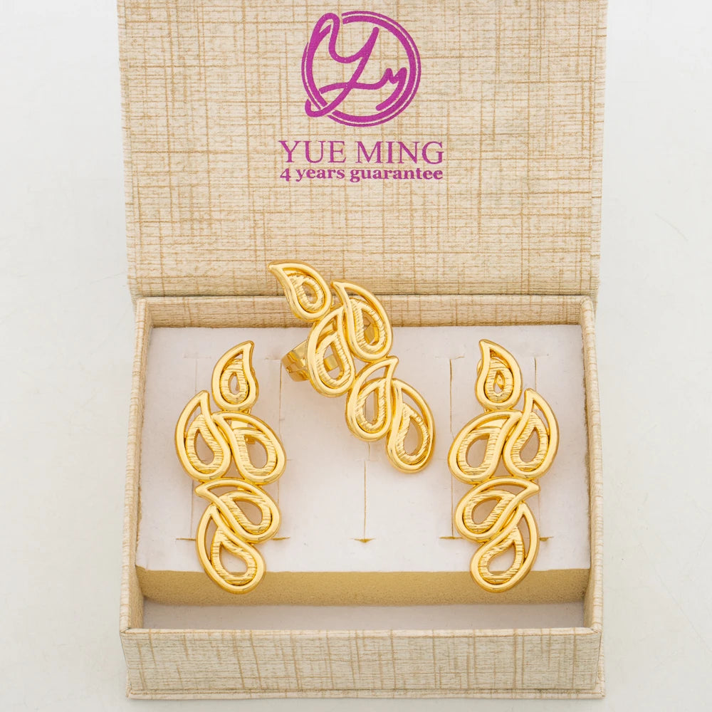 Tree Shape Jewelry Set with Gift Box Fashion Gold Color Clip Earrings for Women Adjustable Ring Party Gift Jewellery Accessories