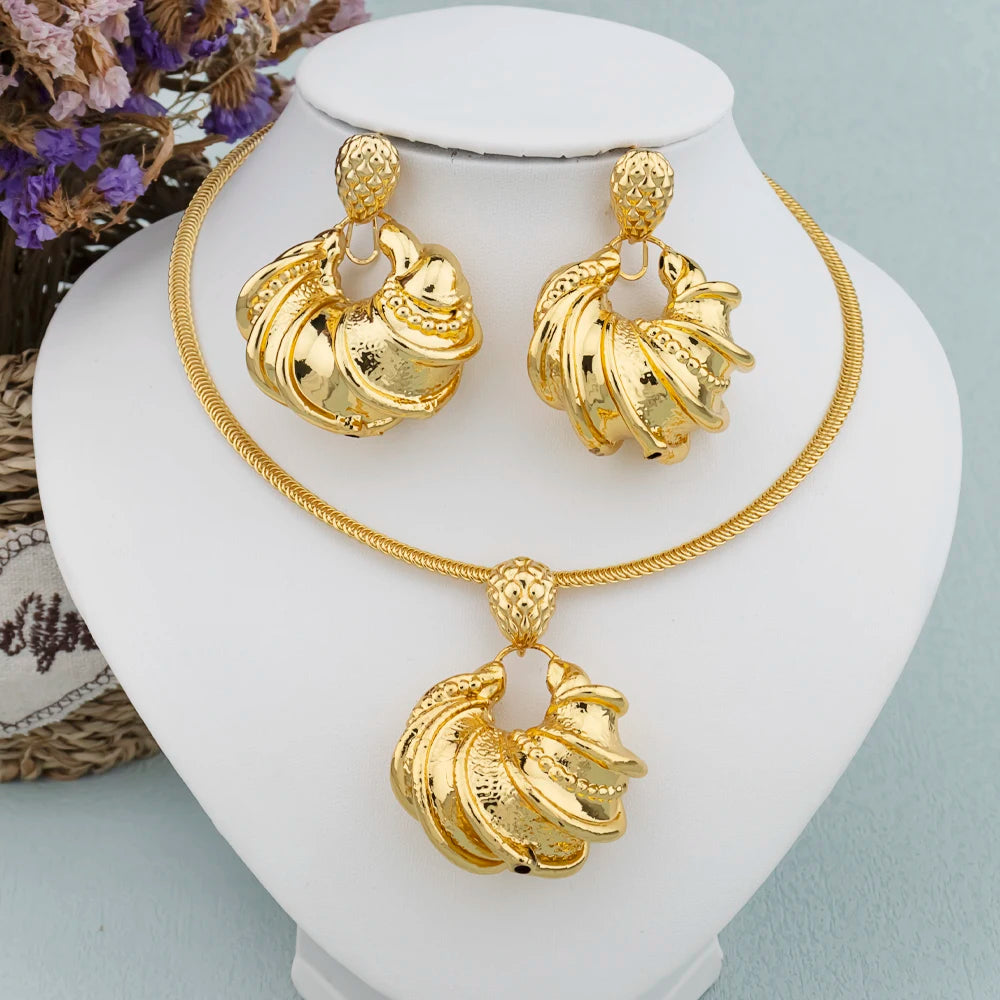 Dubai Jewelry Set for Women 45cm Necklace Morocco Gold Plated Stud Earrings Note Shape for Aesthetic Gifts Sexy Party Queen