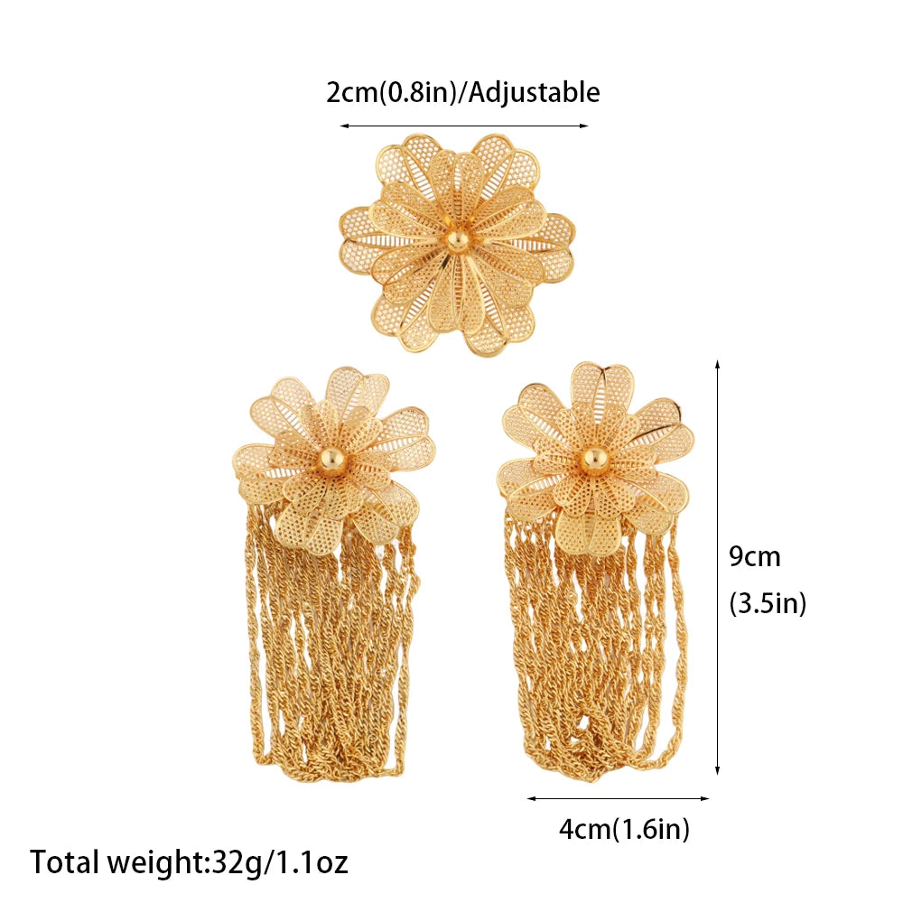 Stainless Steel Gold Color Flower Tassel Rings Earrings For Women Trendy Aesthetic High Quality Jewerly Wedding Party Gift