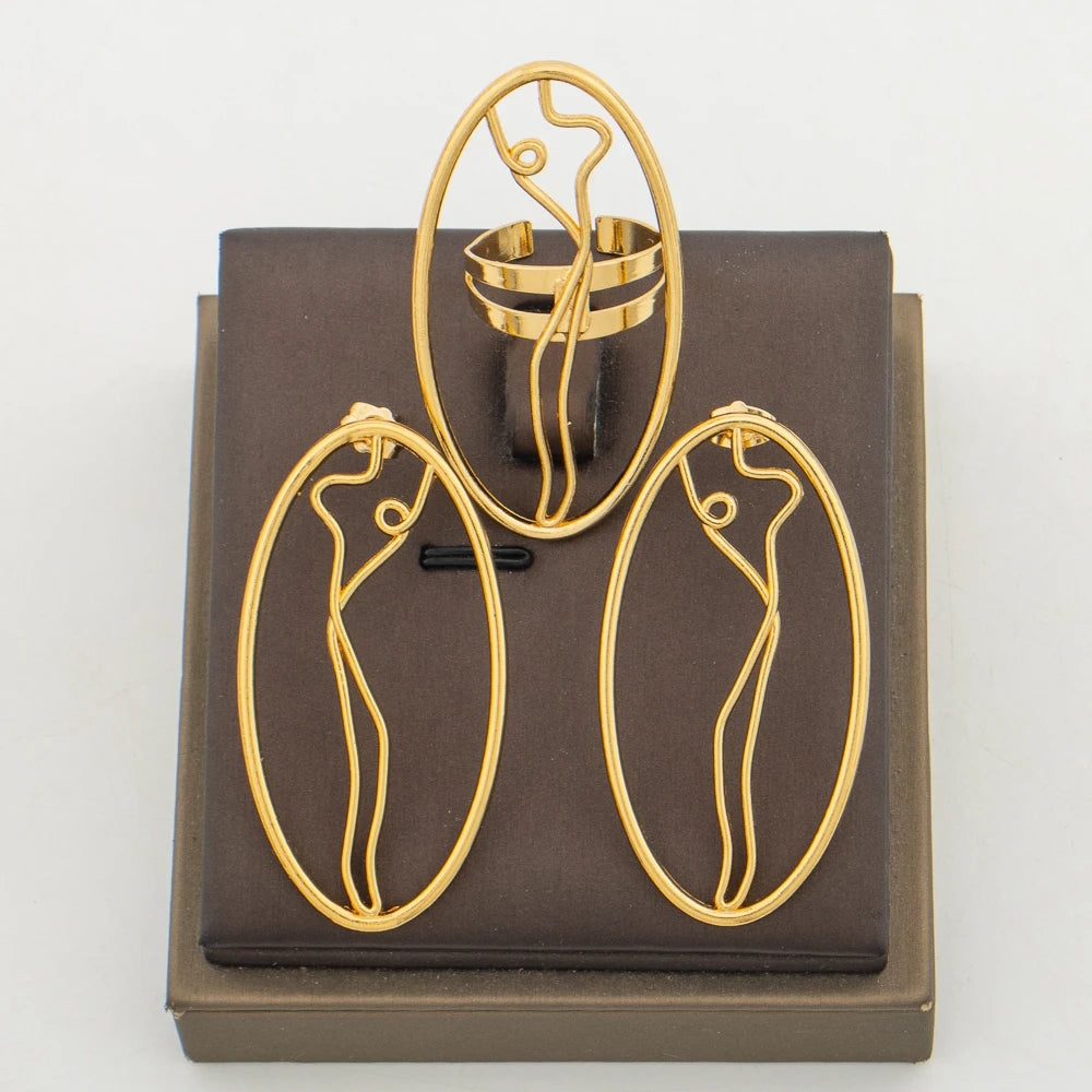 Trend Gold Color Earrings with Ring Set for Party Geometry Design Earrings Cocktail Ring 2Pcs Set for Engagement Party Jewelry